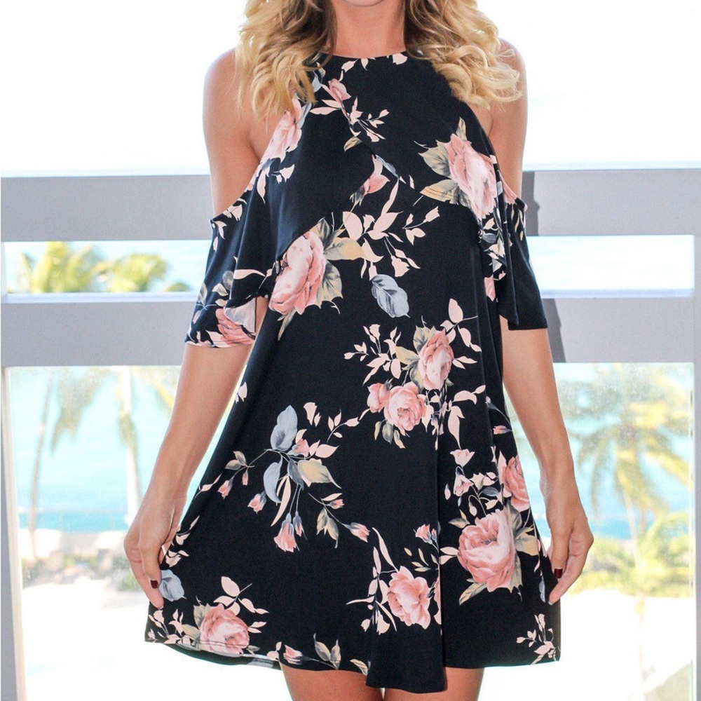 First Love | Black Floral Cold Shoulder Dress